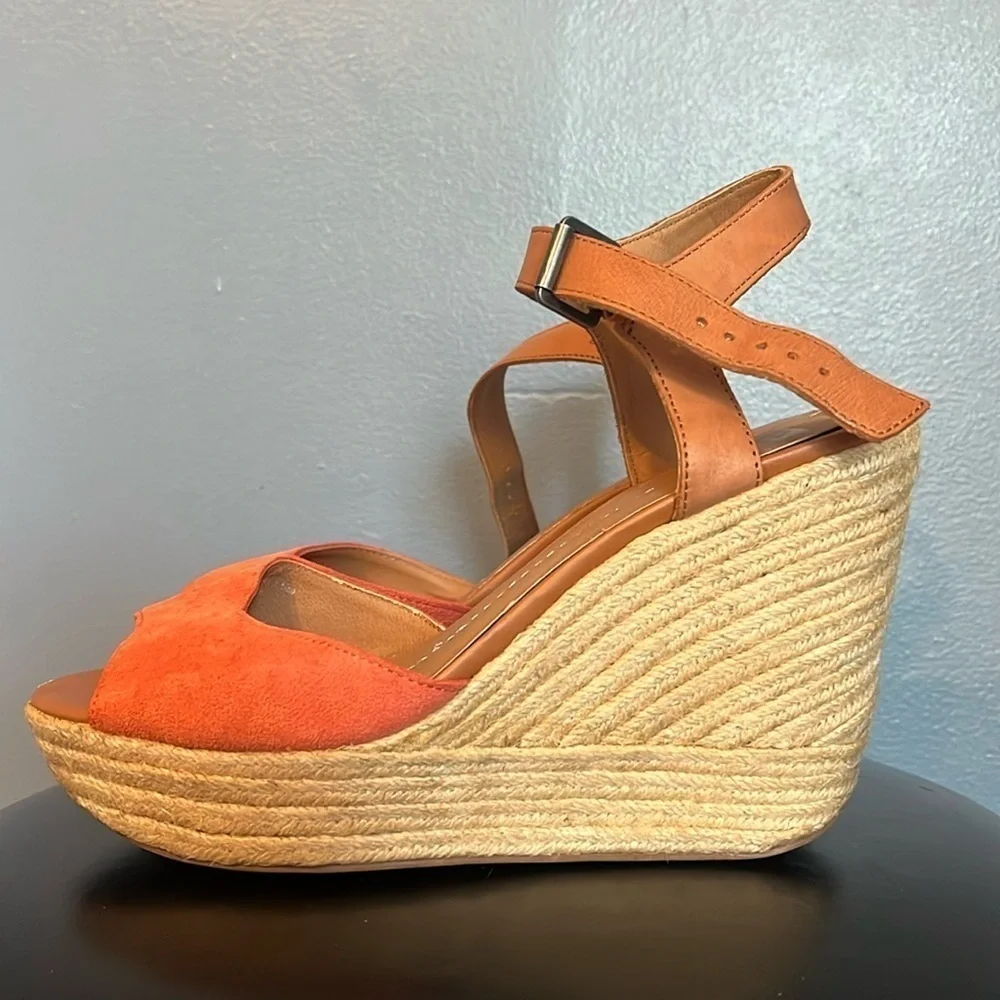 Dolce Vita Espadrille Wedge Heels, faux suede, orange and brown, women’s size 8